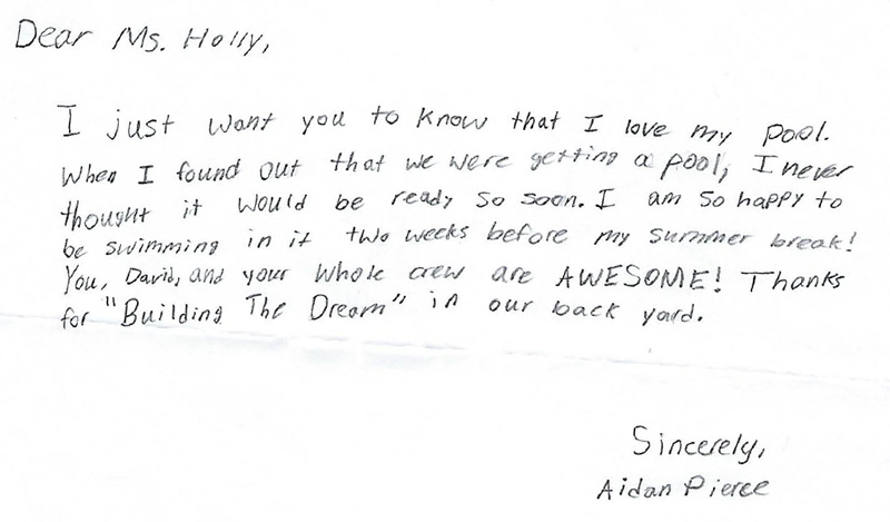 Testimonial from Pierce family child for Brooks Malone swimming pool installation