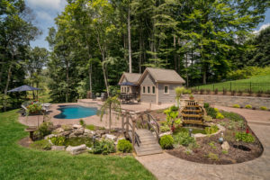 A charming backyard oasis with charming landscaping including waterfall, ponds, footbridge, water plants.... and of course a swimming pool and deluxe cabana