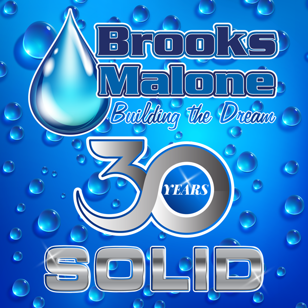 Graphic badge with water drops and text Brooks Malone 30 Years Solid